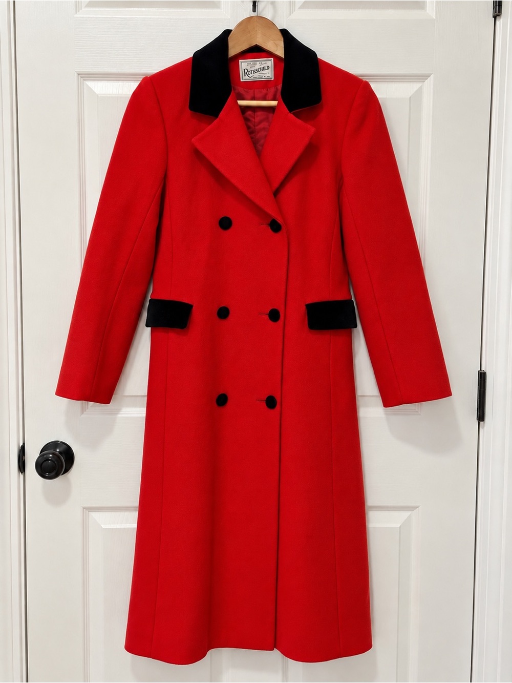Rothschild Women's Red Long Coat Size 6 8 Medium Small Black Velvet Trim